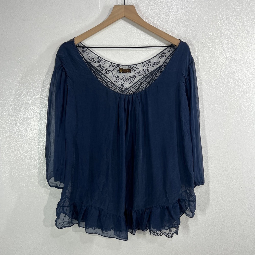 Amanti Silk & Lace Ruffle Blouse Navy Blue Made in Italy Sheer Layered Large